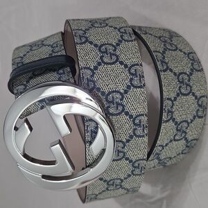 Gucci Blue Beige Monogram Belt with Silver Double G Buckle